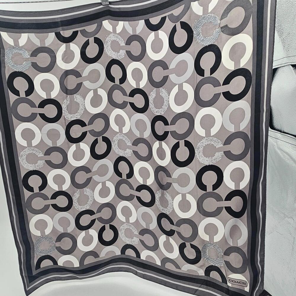 Vintage Coach C Logo Print 100% Silk scarf 26" square Black Cream Taupe Grey
